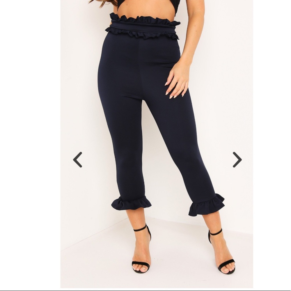 Lasula Navy Frill Waist Cropped Pants NWT!